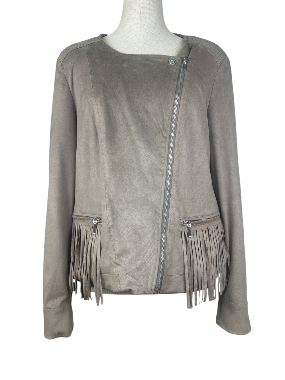 new directions Taupe Fringe Suede Asymmetrical Zip Jacket